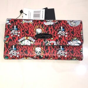 Ed Hardy Red & White Flap Wallet Leopard Print & Signature Skull Tattoos NWT